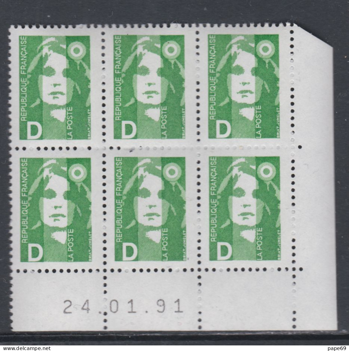 France N° 2711 XX Marianne De Briat  D Vert En Bloc De 6 Coin Daté Du 24 - 01 - 91 ;  Sans Charnière TB - 1990-1999