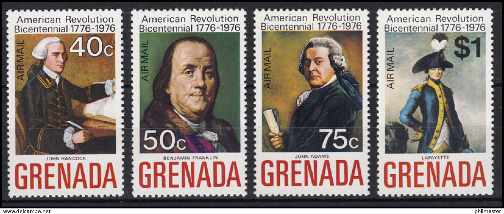 Grenada: John Hancock, Benjamin Franklin, John Adams, La Fayette, 4 Werte ** - Onafhankelijkheid USA