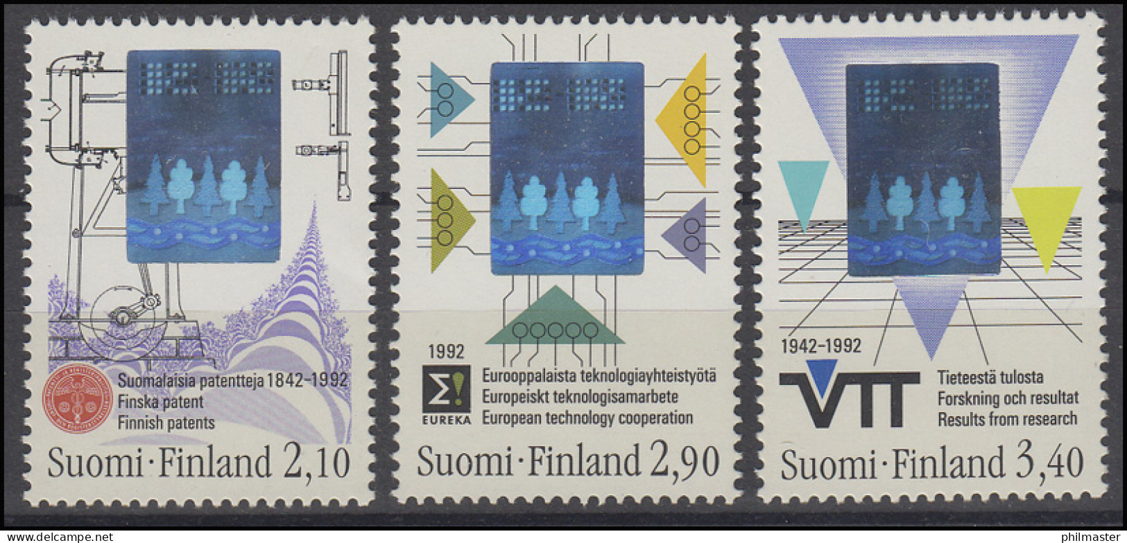 Finnland Hologramm Erfindungen & Technologien & Forschung 1992, 3 Werte, Satz ** - Hologrammen