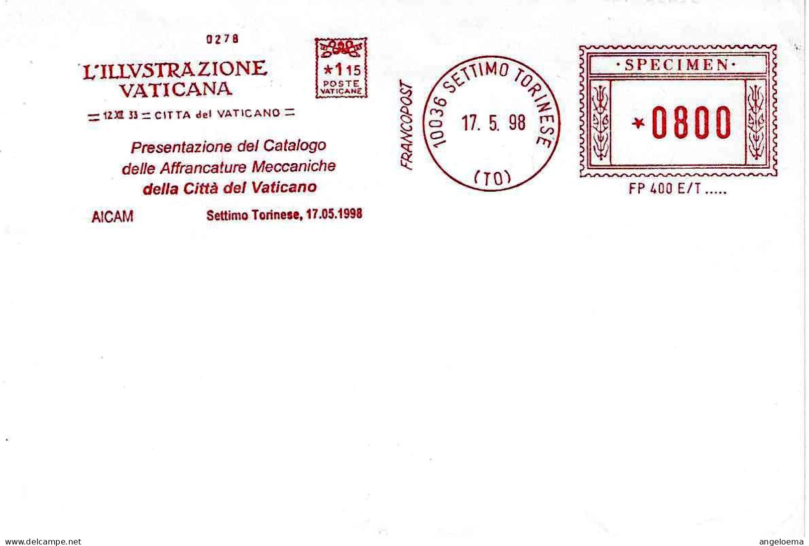 VATICANO-ITALIA - 1998 CATALOGO AFFRANCATURE MECC. VATICANO - Riproduzione 1^ Affranc.vat. Ema Red Meter SPECIMEN -11312 - Macchine Per Obliterare (EMA)