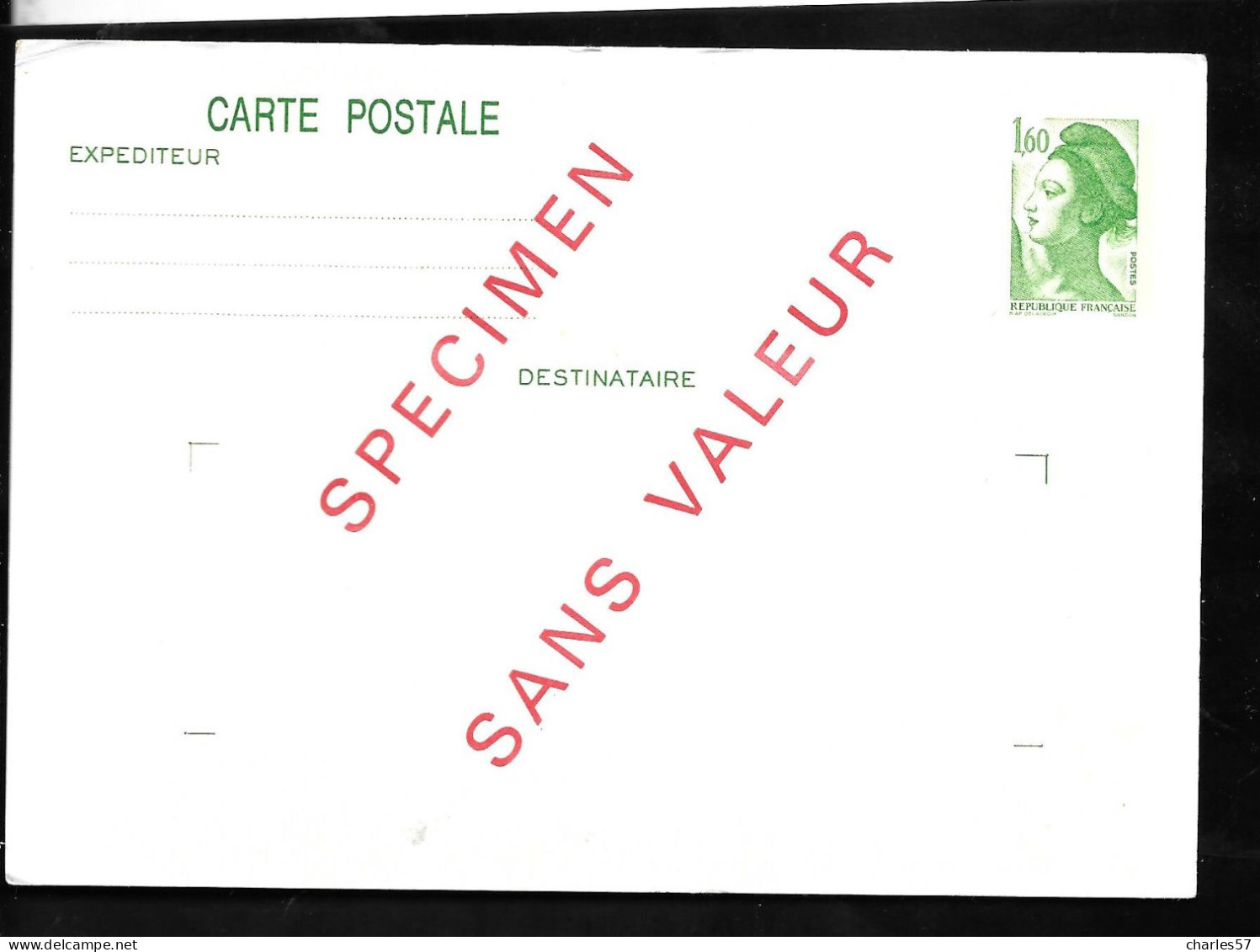 / France: Spécimen EP CP Liberté De Gandon 1,60f Surchargée "Specimen Sans Valeur" - Specimen