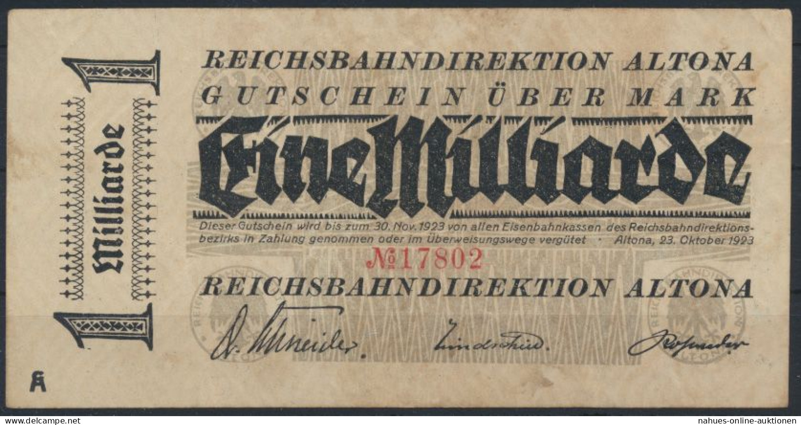 Reichsbahndirektion Altona 1 Milliarde Mark 1923 VF - Otros & Sin Clasificación