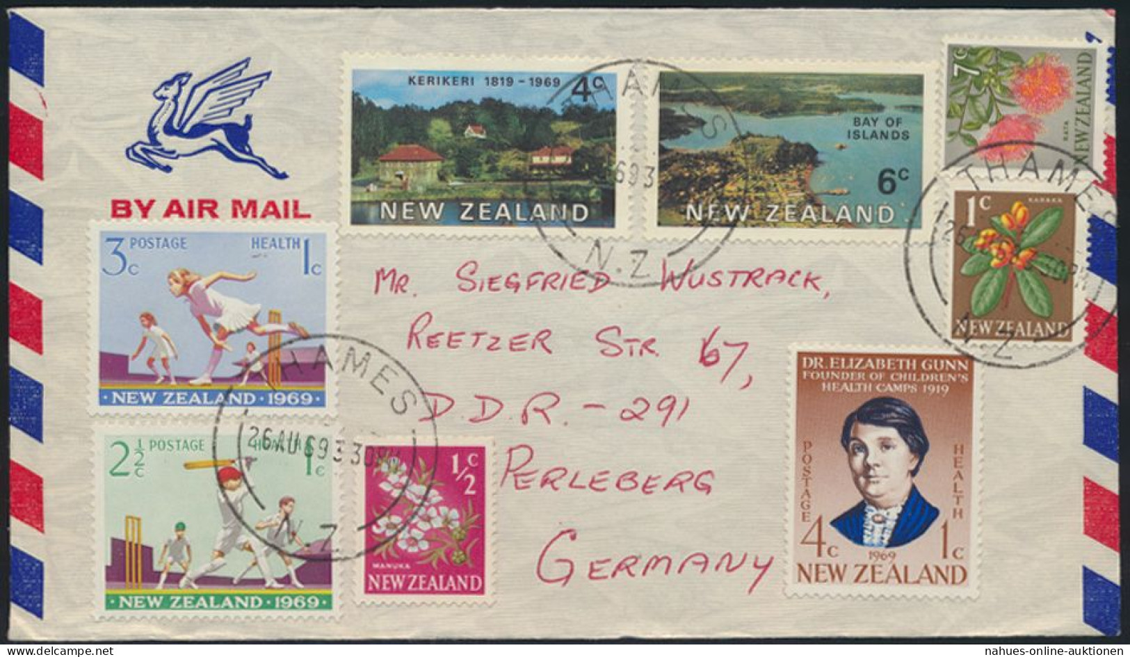 Neusseeland Brief Luftpost MIF 456-457+464+504-508 Thames Nach Perleberg Sport - Lettres & Documents