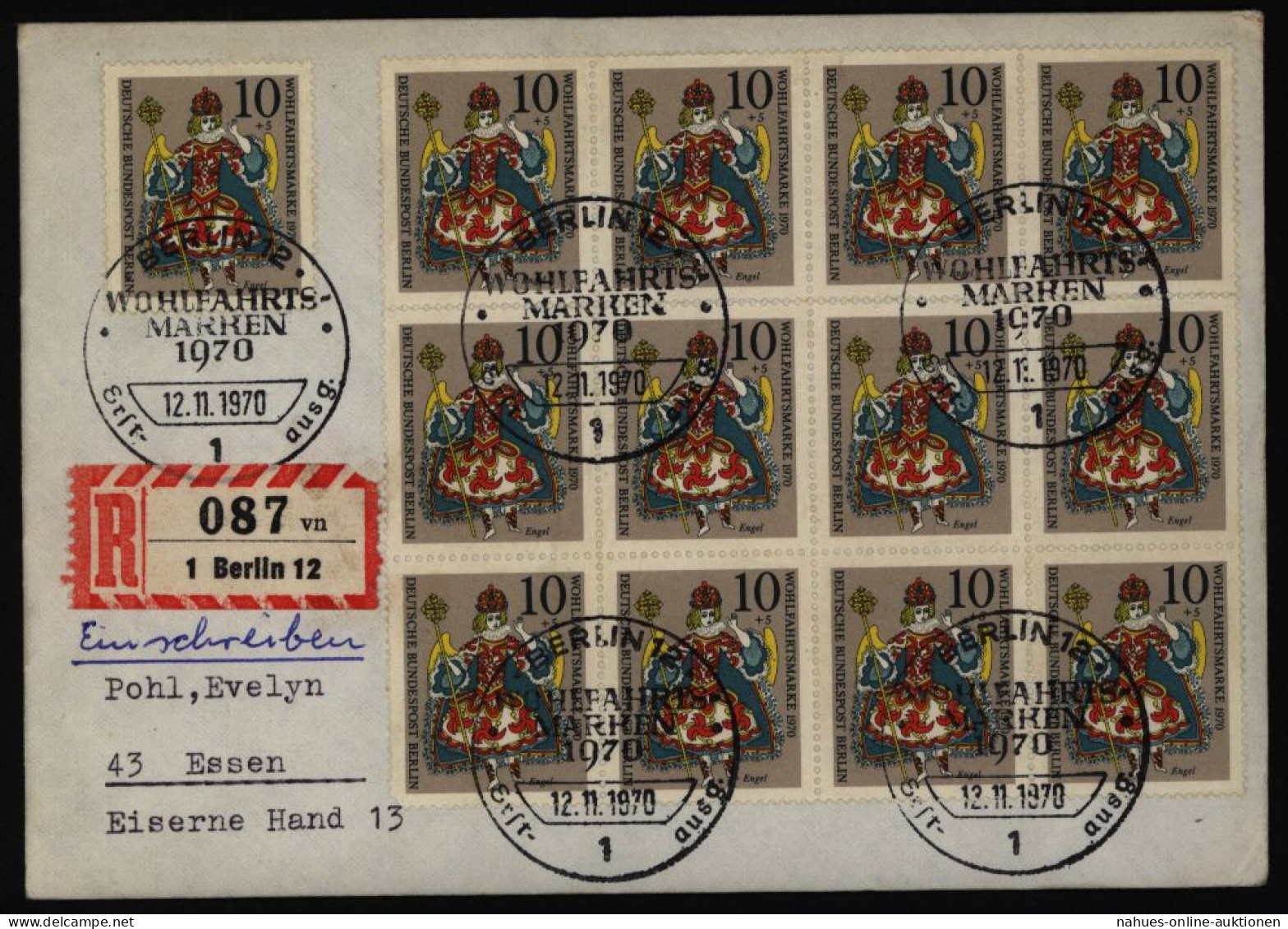 Berlin R-Brief MEF 378 Wohlfahrt 12er Block + 1 Berlin N. Essen Ersttag Porto - - Storia Postale