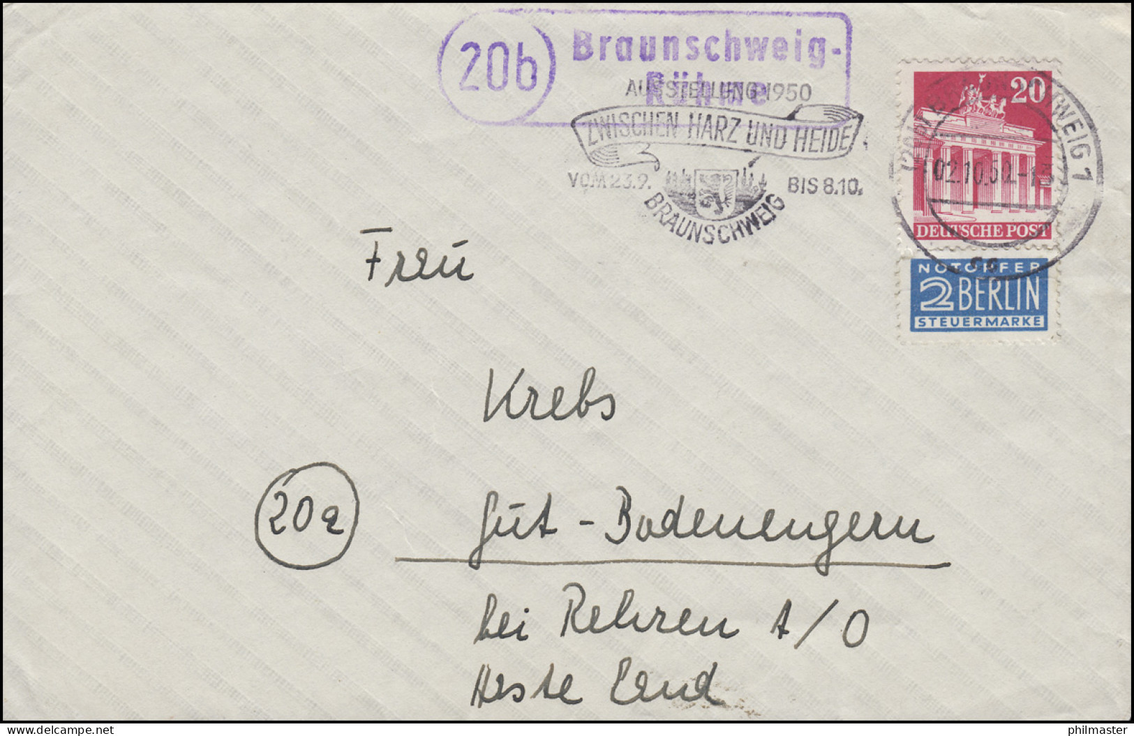 Landpost Braunschweig-Rühme Auf Briefvorderseite BRAUNSCHWEIG 1 - 2.10.50 - Oblitérés