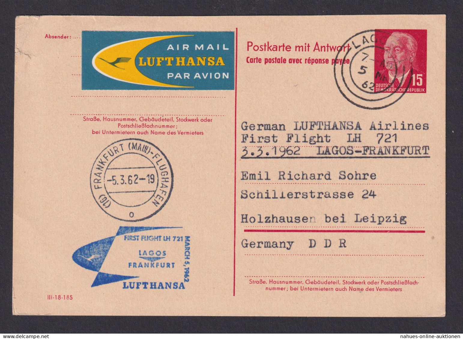 Flugpost Brief Air Mail DDR Ganzsache P 65 A F Lagos Frankfurt Lufthansa Nach - Postkaarten - Gebruikt