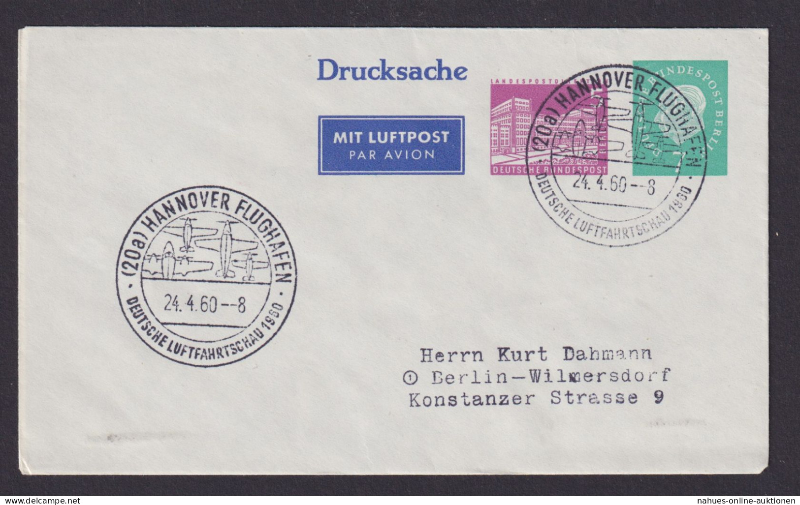 Flugpost Brief Air Mail Berlin Privatganzsache WST Bauten Neben Heuss Hannover - Privatpostkarten - Gebraucht