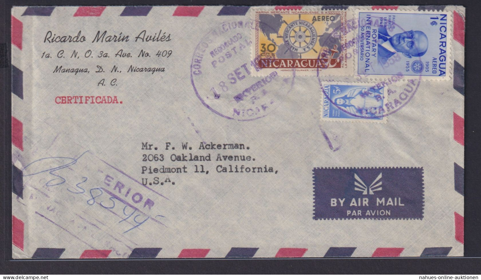 Nicaragua Flugpost Brief Airmail Manaqua Nach Piedmont California USA - Nicaragua