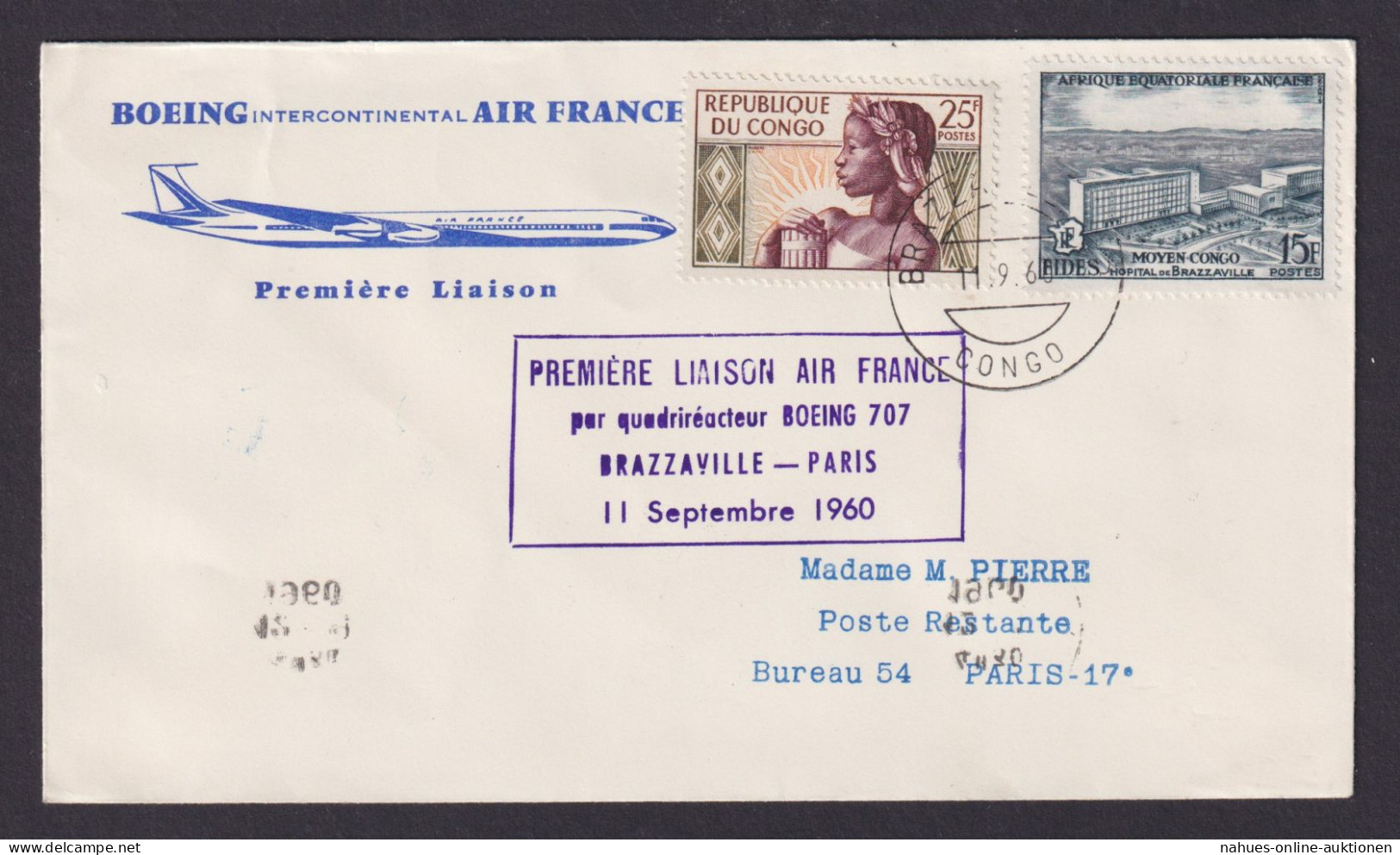 Flugpost Brief Air Mail Air France Boeing Intercontinental Erstflug Brazzaville - Usados