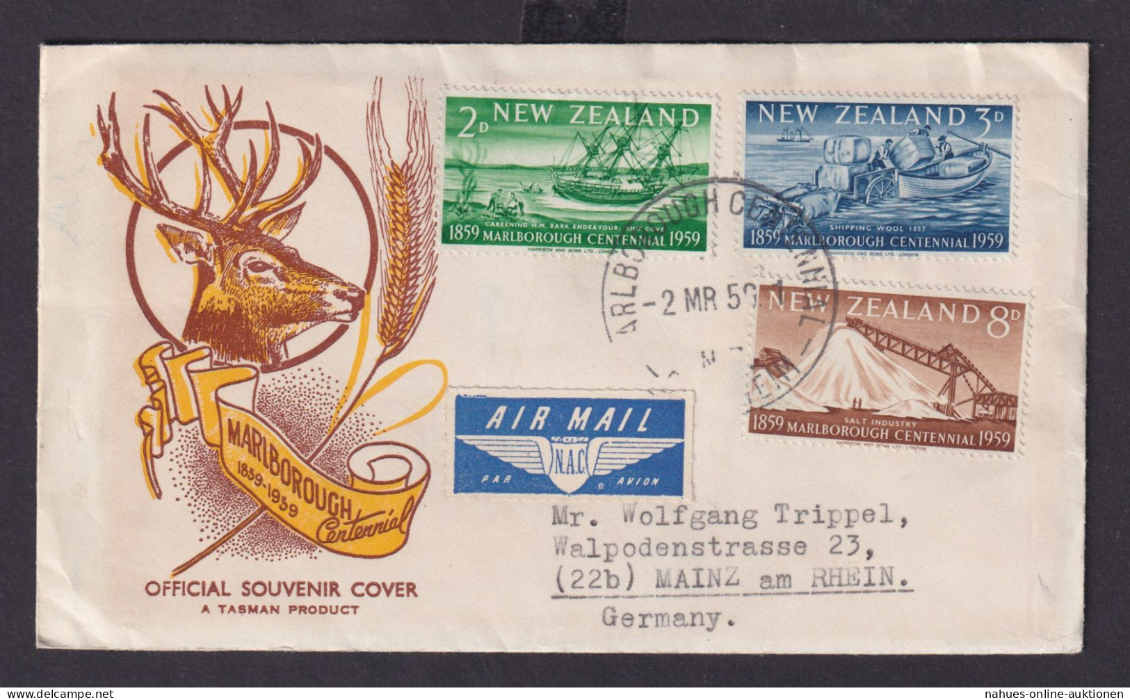 Flugpost Neuseeland Brief 382-384 Destination Provinz Marlborough Mainz Schiffe - Cartas & Documentos