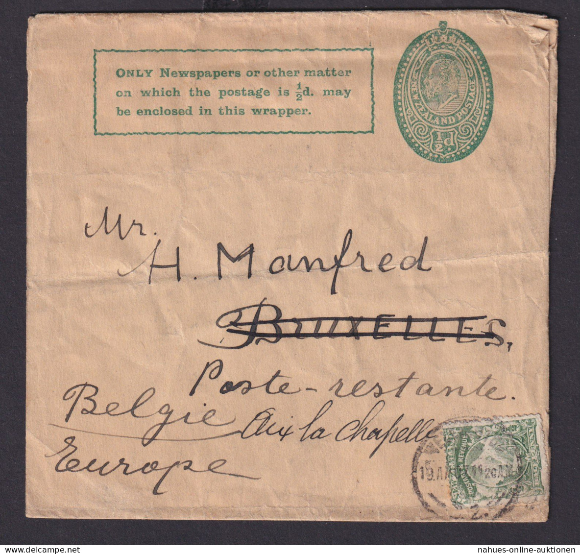 Neuseeland Brief Ganzsache Streifband King Eduard 1/2p + Portomarke Nach Belgien - Storia Postale