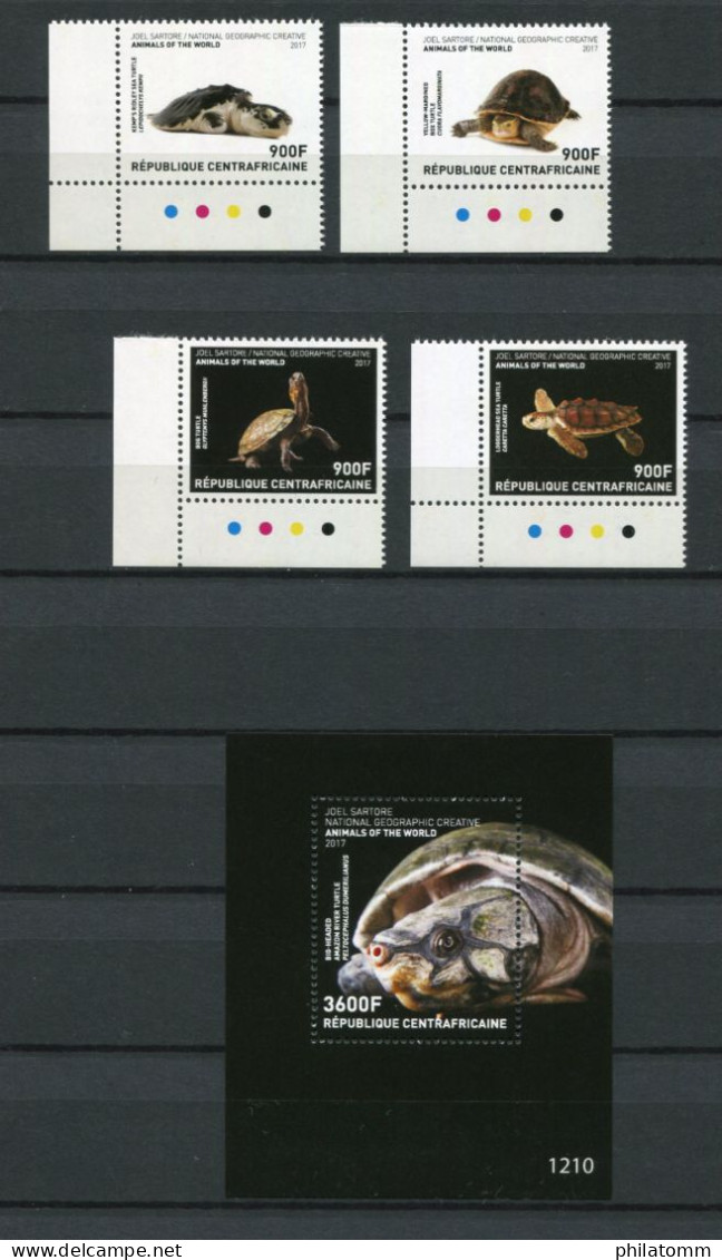 Zentralafr. Republik - Block Nr.1677 U. Mi.Nr. 7380 / 7383 - "Tierpho. Von J. Sartore:Schildkröten" ** / MNH (Jahr 2017) - Tortues