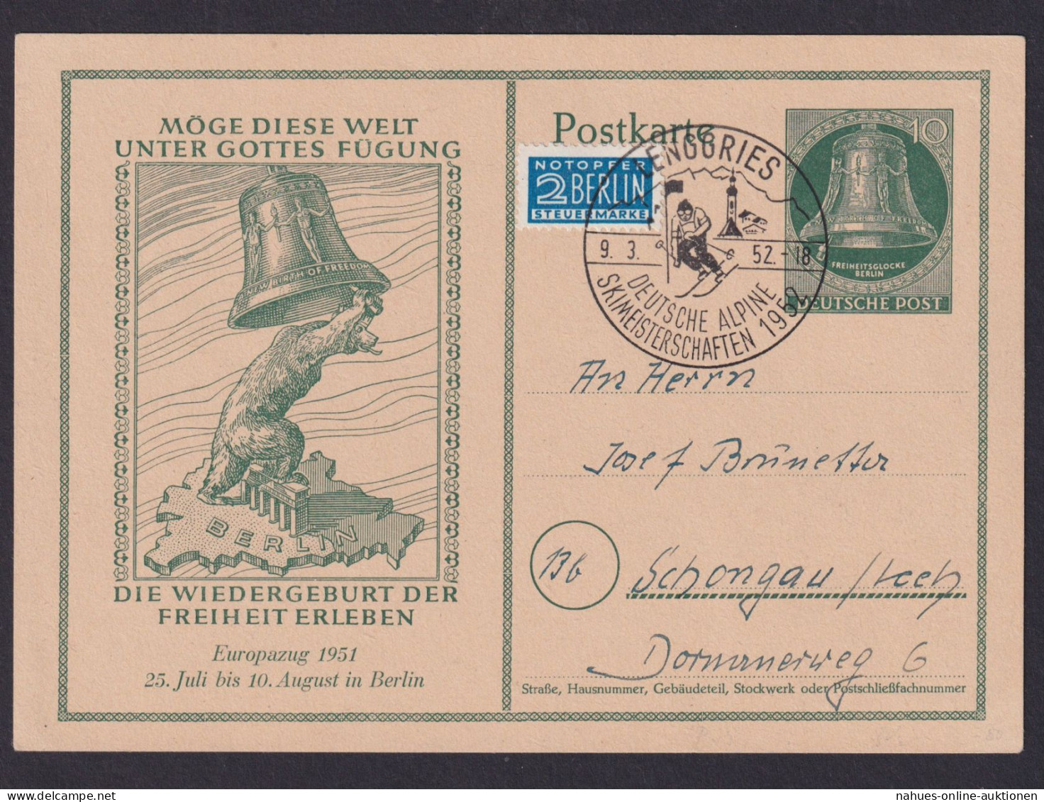 Berlin Ganzsache P 28 Selt. SST LENGGRIES Sport Wintersport Skimeistersachft - Postcards - Used