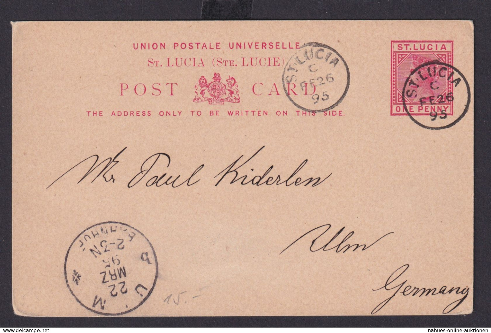 Briefmarken Britische Kolonien St. Lucia Ganzsache Queen Victoria 1p Nach Ulm - St.Lucie (1979-...)