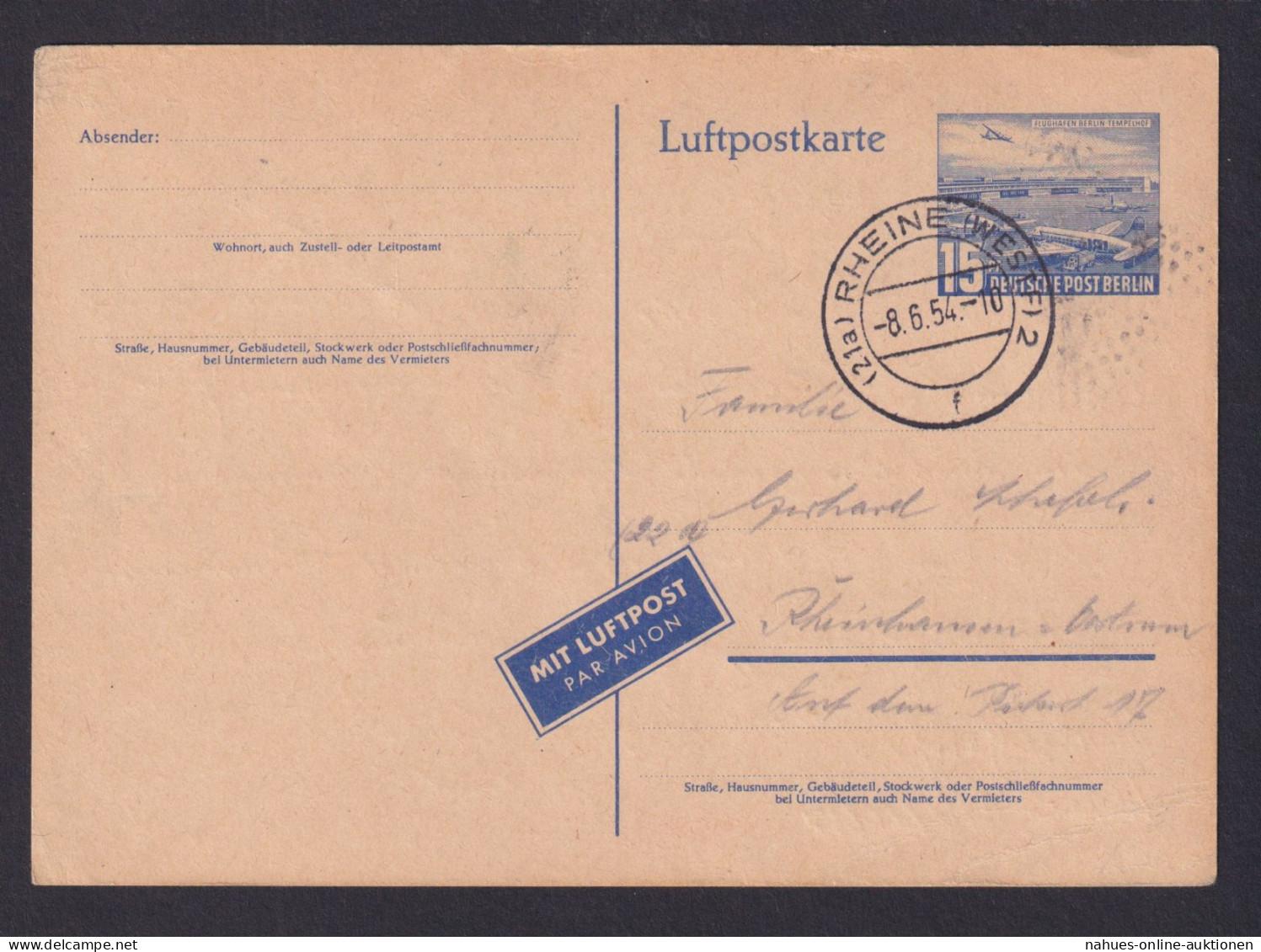 Flugpost Luftpost Berlin Ganzsache P 16 A Rheine Westfalen Kat.-Wert 15,00 - Postcards - Used