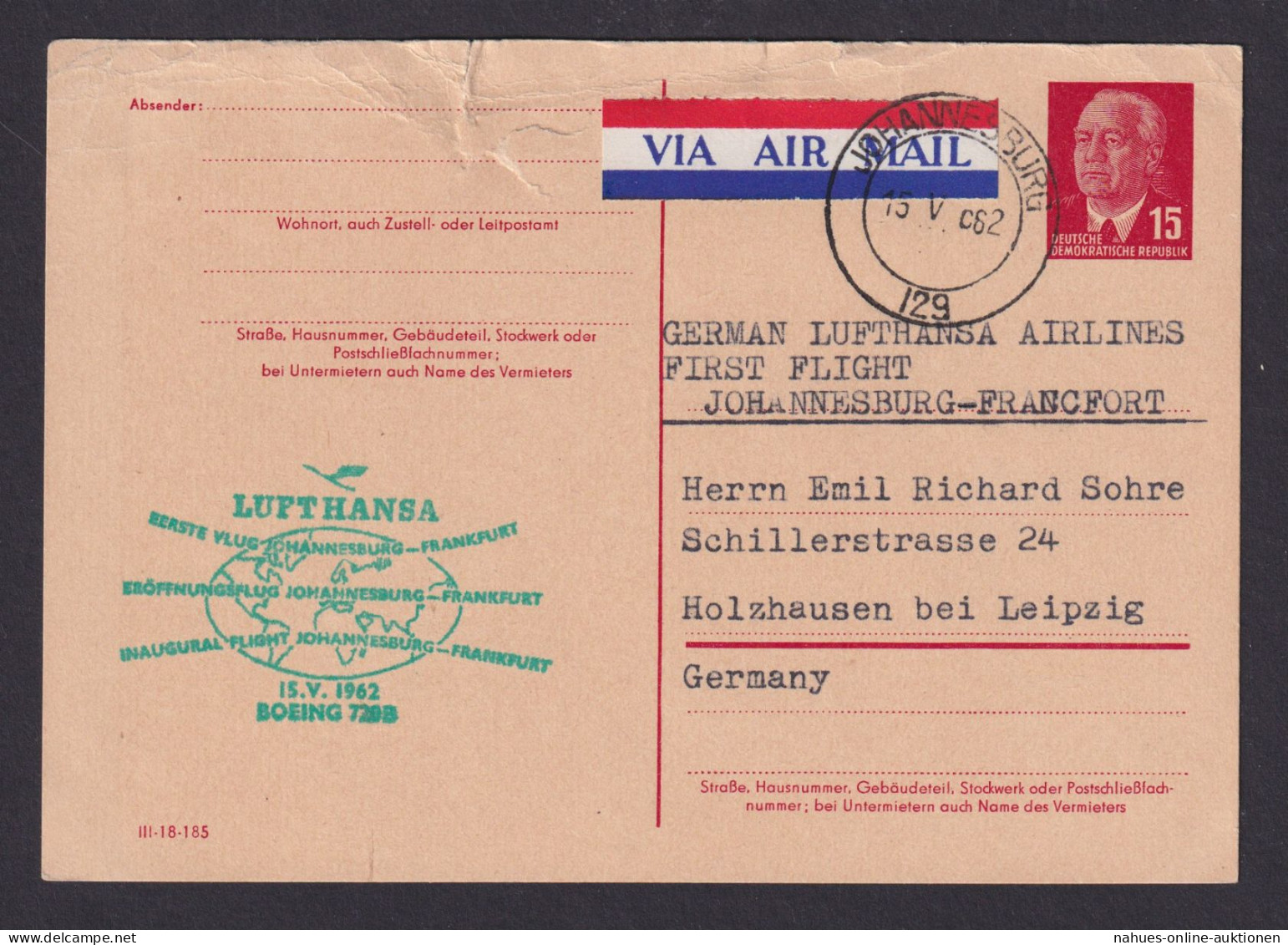Flugpost Brief Air Mail DDR Ganzsache P 65 A Ab Johannesburg Frankfurt Weiter - Postcards - Used