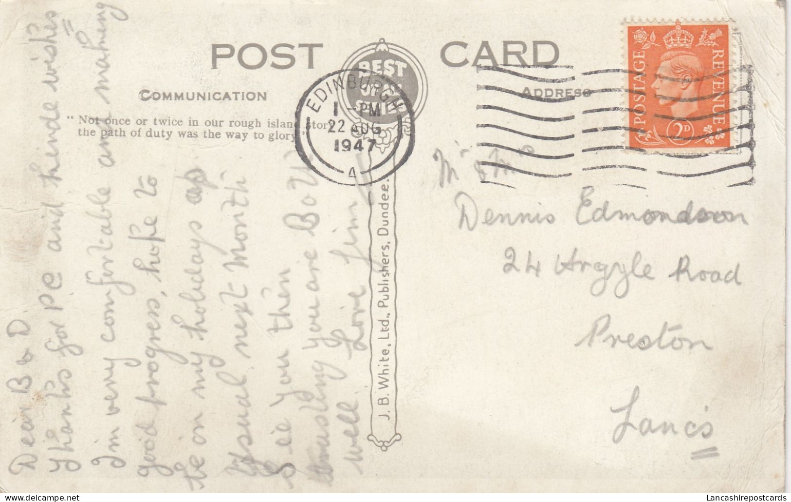 Postcard Genealogy Mr Dennis Edmondson Argyle Road Preston Lancashire PU 1947 My Ref B14878 - Généalogie