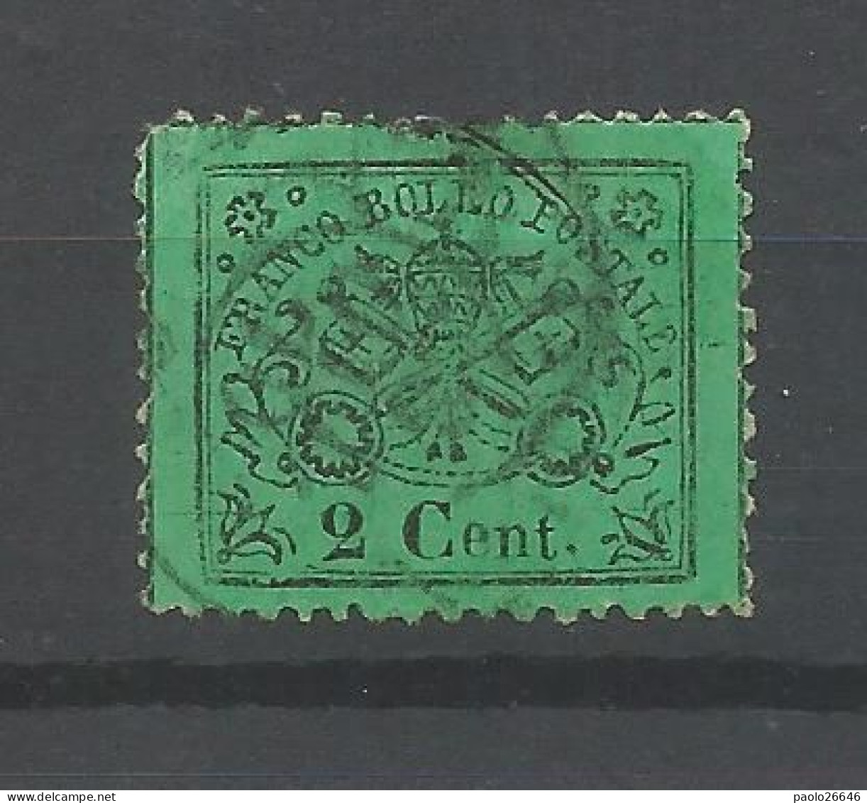 1868 Stato Pontificio 2 Cent Verde Dentellato, Usato (dentello Angolo Sinistro Corto) - Papal States