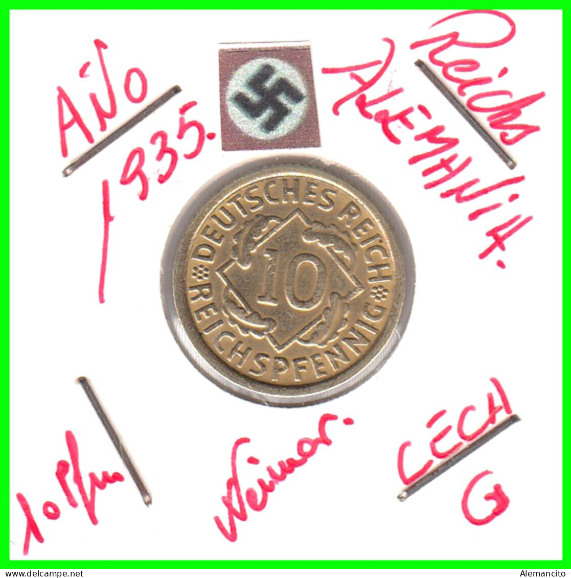 GERMANY REPÚBLICA DE WEIMAR 10 PFENNIG DE PENSIÓN ( 1935 CECA - D ) MONEDA DEL AÑO 1923-1936 (RENTENPFENNIG KM # 32 - 10 Renten- & 10 Reichspfennig