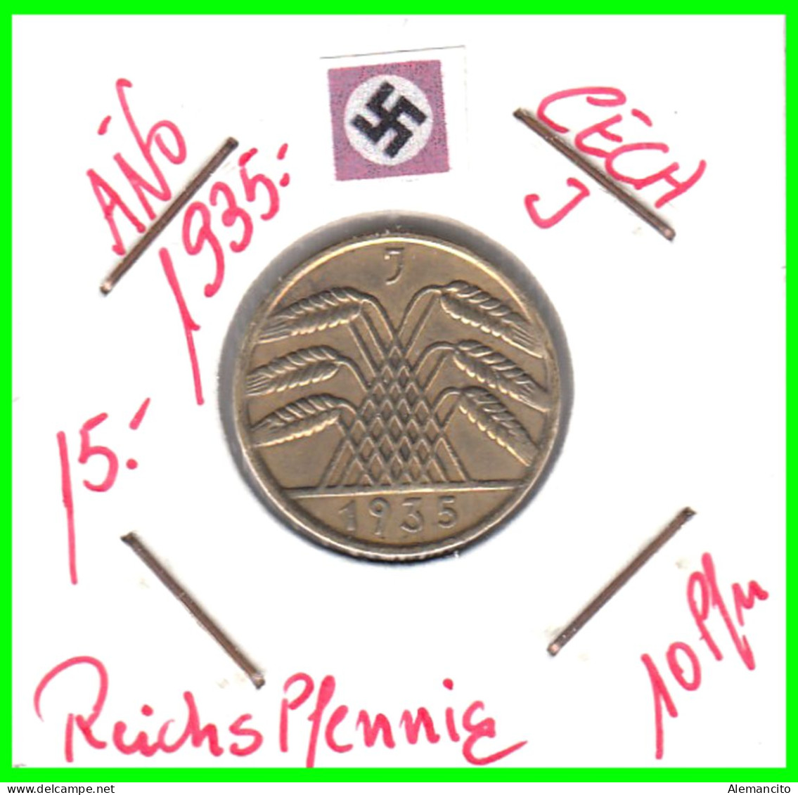 GERMANY REPÚBLICA DE WEIMAR 10 PFENNIG DE PENSIÓN ( 1935 CECA - J ) MONEDA DEL AÑO 1923-1936 (RENTENPFENNIG KM # 32 - 10 Renten- & 10 Reichspfennig