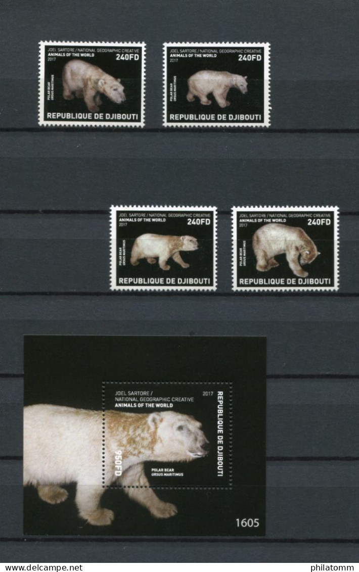 Dschibuti - Block Nr. 1112 U. Mi.Nr. 2052 / 2055 - "Tierpho. Von J. Sartore: Eisbär" ** / MNH (Jahr 2017) - Bears