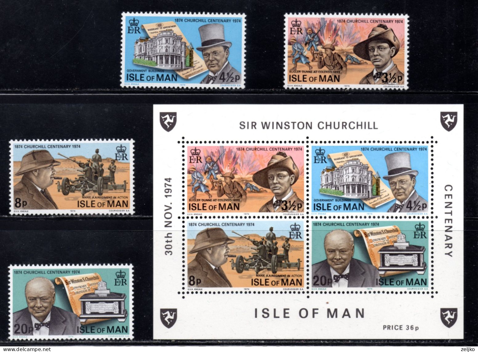 Isle Of Man, MNH,  1974, Michel 48 - 51, Bl 1, Centenary Of The Birth Of Sir Winston Churchill - Isle Of Man