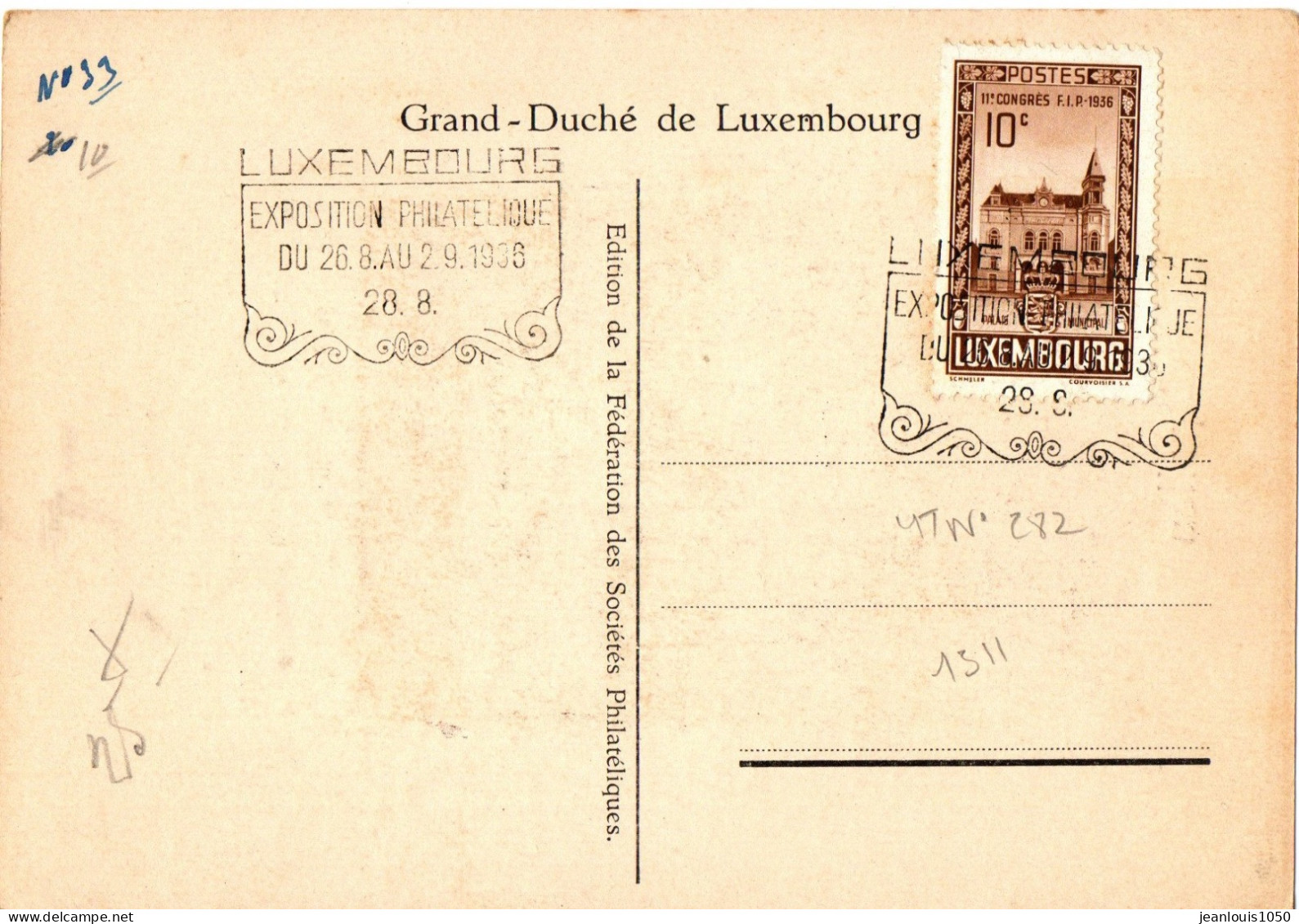 LUXEMBOURG YT N°282 SUR CARTE SPECIALE ET OBLITERATION SPECIALE EXPOSITION PHILATELIQUE LUXEMBOURG 1936 - Briefe U. Dokumente