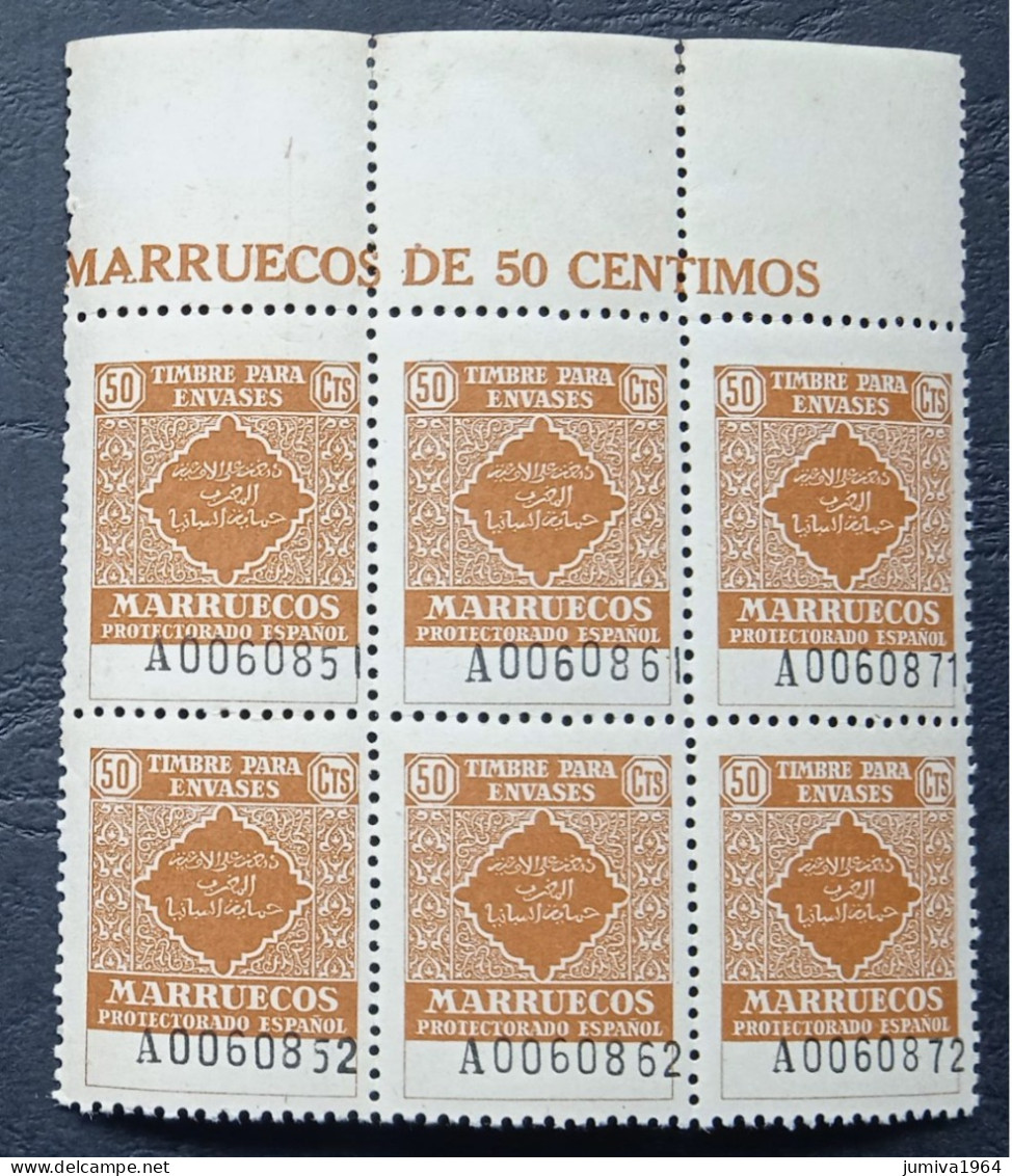 Maroc Espagnol - Marruecos - TIMBRE PARA ENVASES Marron 50 Centimos - Bloc De 6 Neufs** - RR - Spanish Morocco