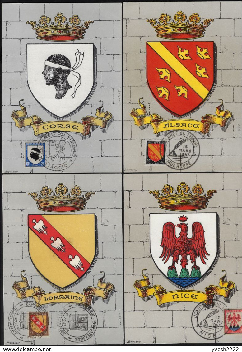 France 1946 Y&T 755 à 758 Sur Cartes Maxima. Armoiries De Provinces. Corse, Alsace, Lorraine, Nice - 1941-66 Coat Of Arms And Heraldry