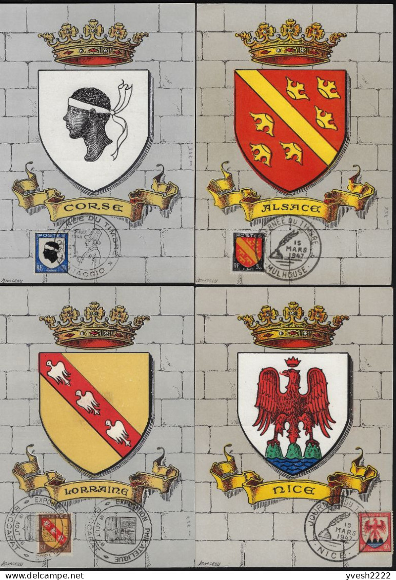 France 1946 Y&T 755 à 758 Sur Cartes Maxima. Armoiries De Provinces. Corse, Alsace, Lorraine, Nice - 1941-66 Coat Of Arms And Heraldry