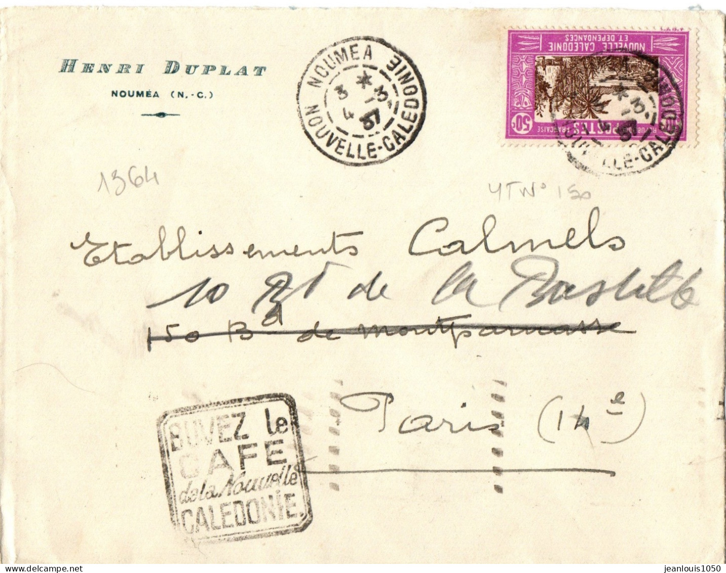 NOUVELLE CALEDONIE YT N°150 SEUL SUR LETTRE OBLITERE SUR LETTRE DAGUIN "BUVEZ LE CAFE DE NOUVELLE CALEDONIE" - Storia Postale