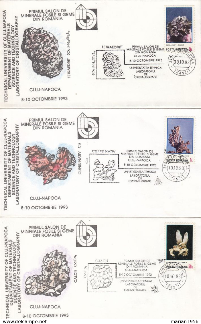 Roumanie 1993 - MINERAUX - Stibine,Antimonit,Cuartz Etc - 6 Enveloppes -Cachets Illustrees - Minerali