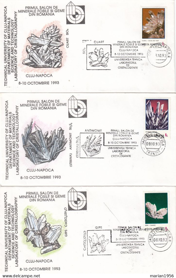 Roumanie 1993 - MINERAUX - Stibine,Antimonit,Cuartz Etc - 6 Enveloppes -Cachets Illustrees - Minéraux