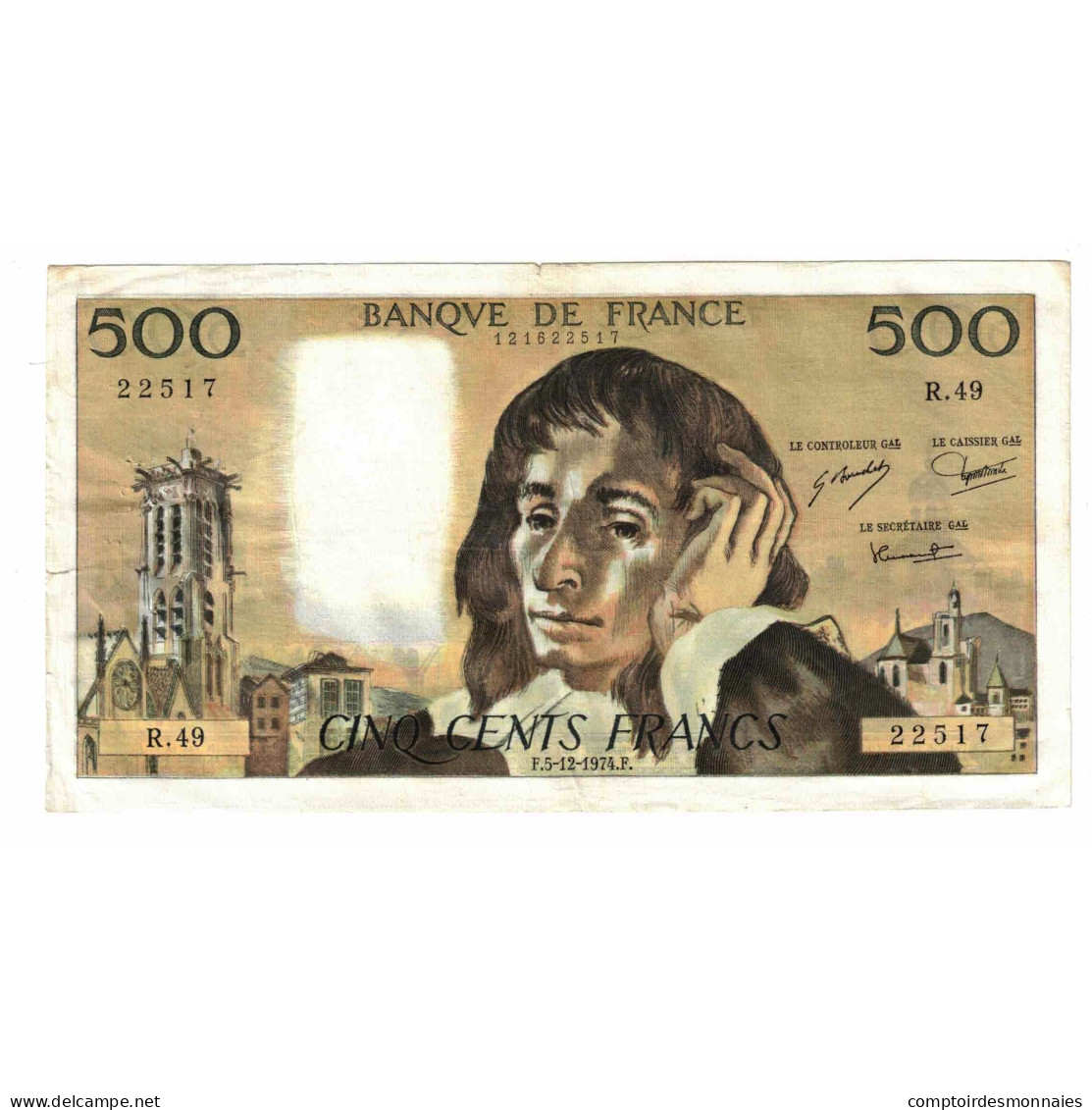 France, 500 Francs, Pascal, 1974, R.49, TB, Fayette:71.12, KM:156c - 500 F 1968-1993 ''Pascal''