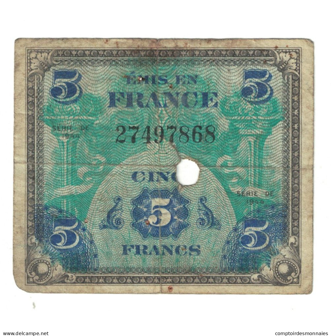 France, 5 Francs, Drapeau/France, 1944, 27497868, TB, Fayette:17.1, KM:115a - Camera Di Commercio