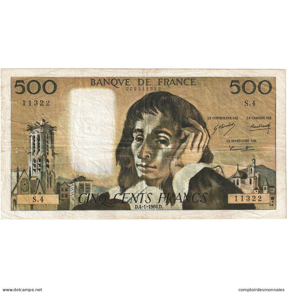 France, 500 Francs, Pascal, 1968, S.4, TB+, Fayette:71.01, KM:156a - 500 F 1968-1993 ''Pascal''