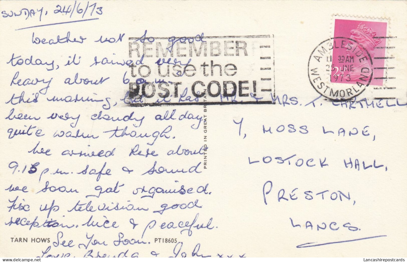 Postcard Genealogy Mr Cartmell Lostock Hall Preston PU 1973 [ Slogan Cancel ] My Ref B14879 - Généalogie