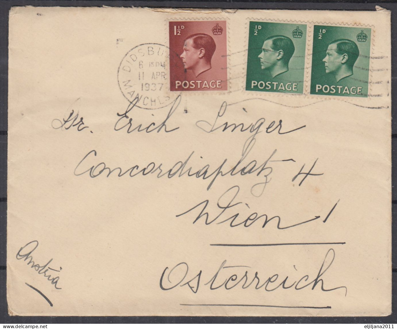 Great Britain - GB / UK 1937 ⁕ KEVIII On Cover Didsbury Manchester To Austria Wien - Storia Postale