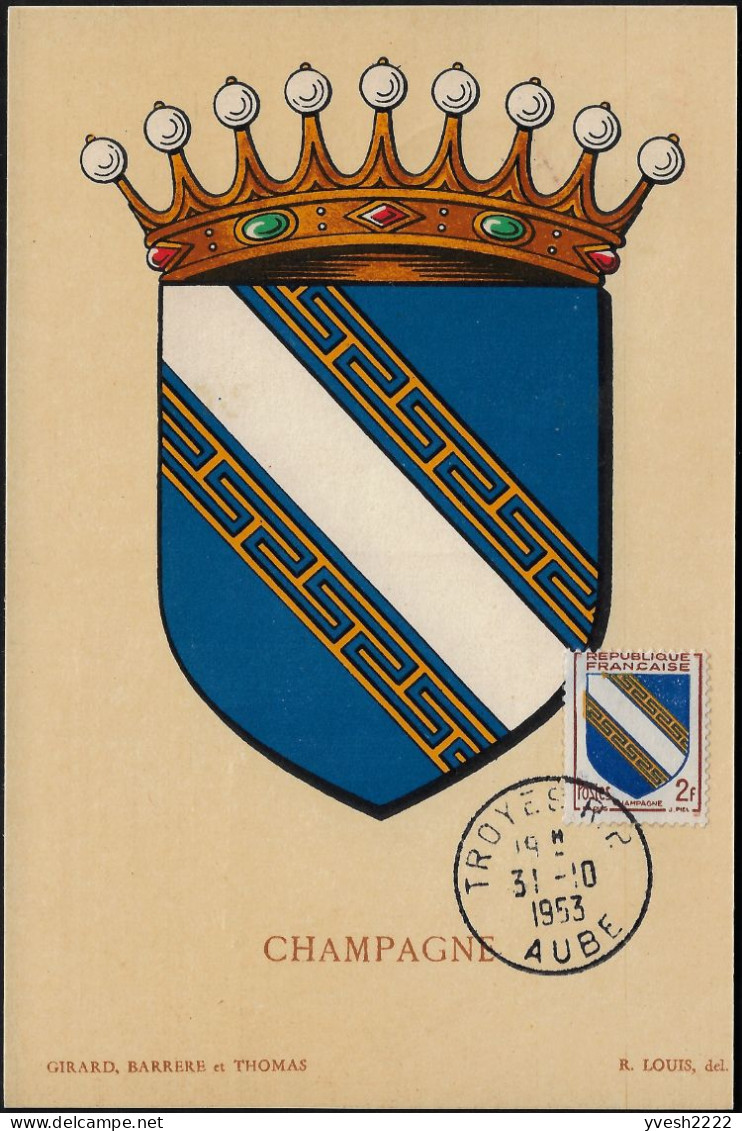 France 1953 Y&T 953 Sur Carte Maximum. Armoiries Des Provinces. Champagne - 1941-66 Coat Of Arms And Heraldry