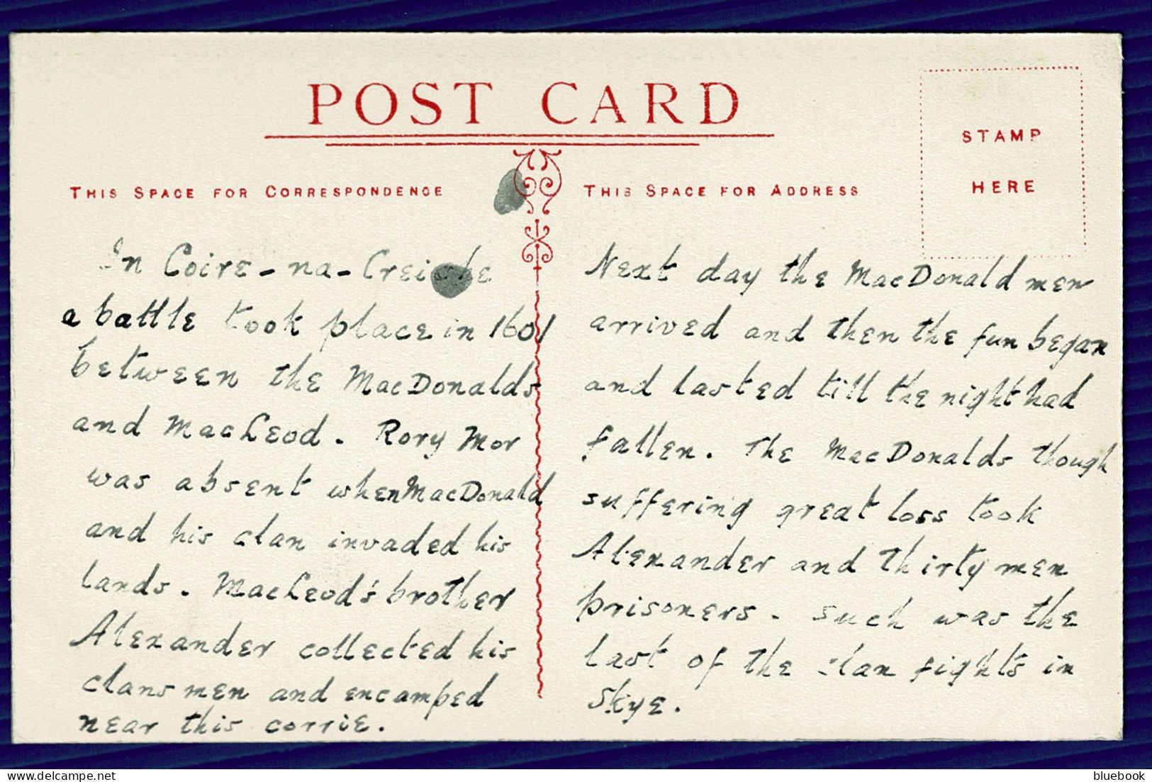 RB 1634 - Early Postcard - Coire Na Creiche Isle Of Skye - Message Recounts 1601 Battle - Inverness-shire