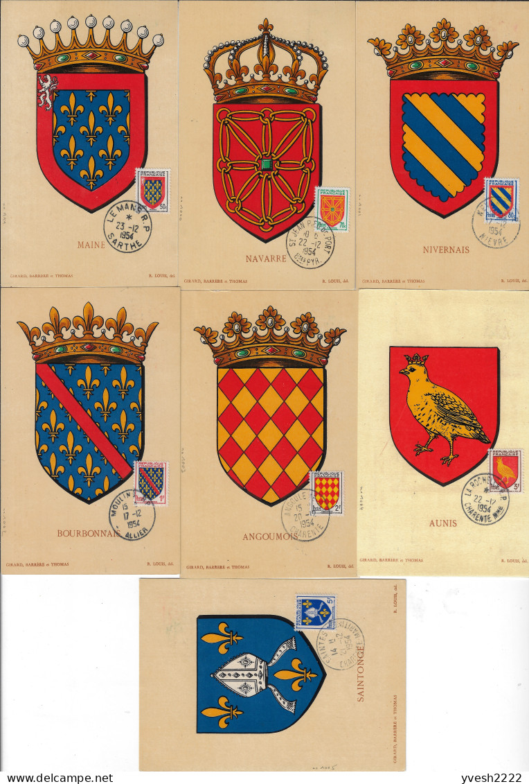 France 1954 Y&T 999 à 1005, Cartes Maxima. Armoiries Des Provinces. Maine, Navarre, Nivernais, Bourbonnais Angoumois - 1941-66 Wappen