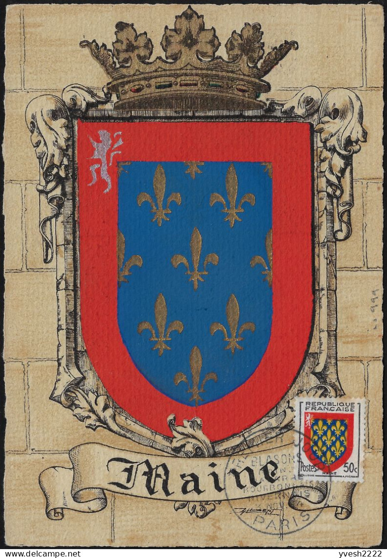 France 1954 Y&T 999, Carte Maximum. Armoiries Des Provinces. Maine - 1941-66 Coat Of Arms And Heraldry