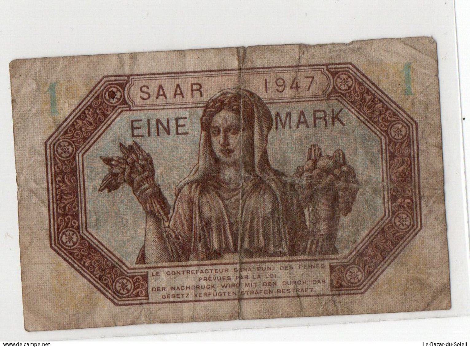 Billet, France, Trésor, SARRE 1947 Un Mark Eine Mark - 1947 Saarland