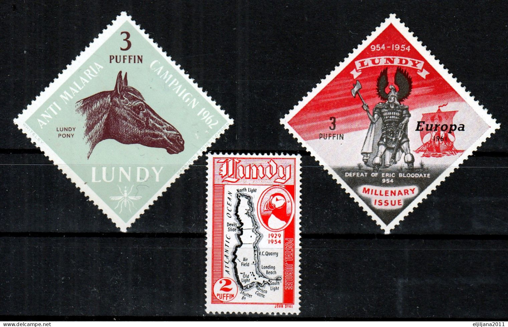 Great Britain - GB / UK 1954 - 1961 ⁕ LUNDY Local Stamps Anti Malaria, Devil's Slide, Europa Millenary Issue ⁕ 3v MH/MNH - Emissions Locales