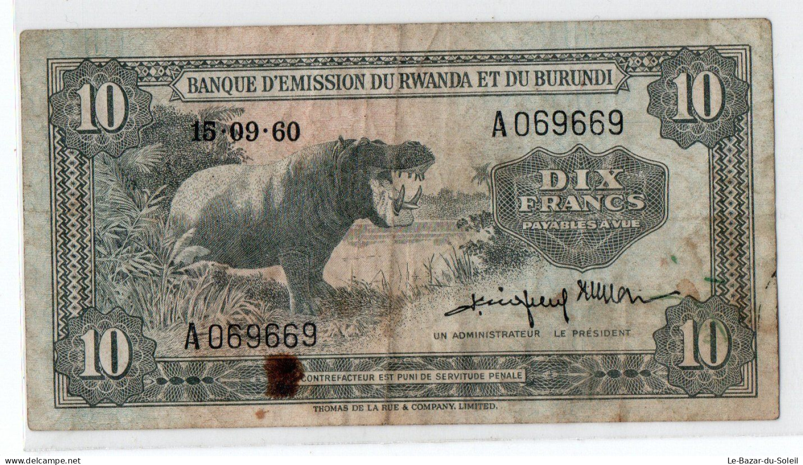 Billet, Rwanda Et Burundi, Dix Francs 1960 Banque D'emission Du Rwanda Et Du Burundi HIPPOPOTAME RARE - Ruanda