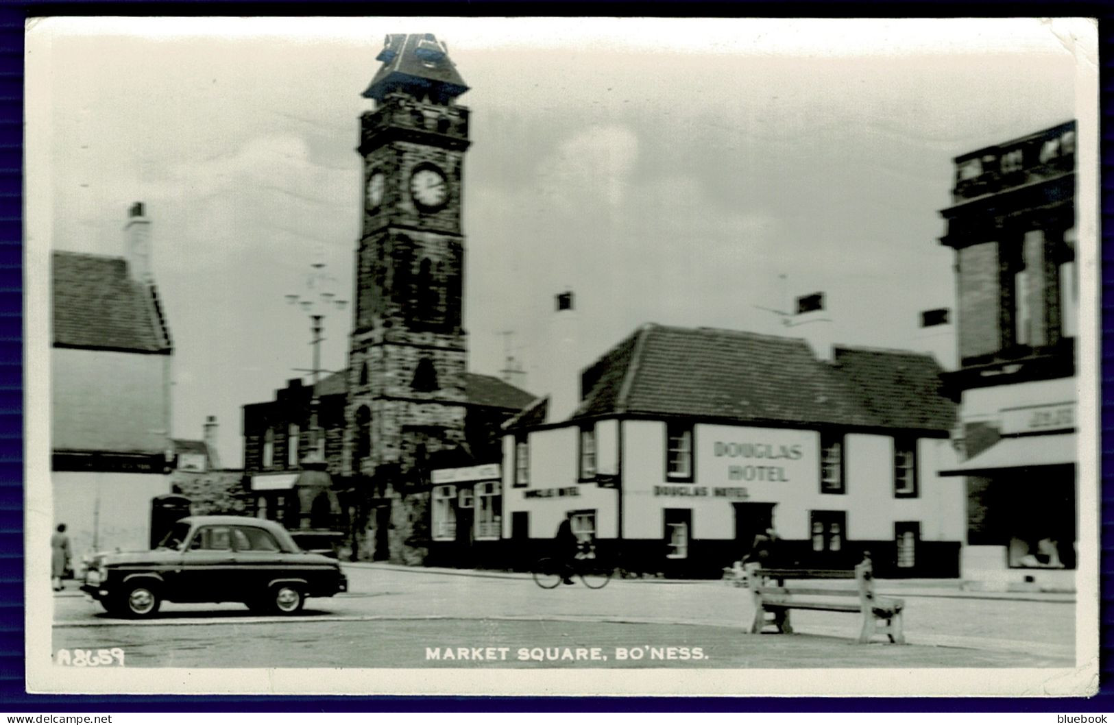 RB 1634 - 1962 Real Photo Postcard - Market Square & Douglas Hotel Bo'Ness - West Lothian - West Lothian
