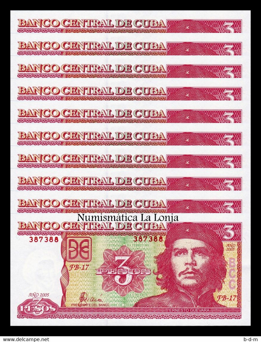 Cuba Lot Bundle 10 Banknotes 3 Pesos Che Guevara 2005 Pick 127b Sc Unc - Kuba