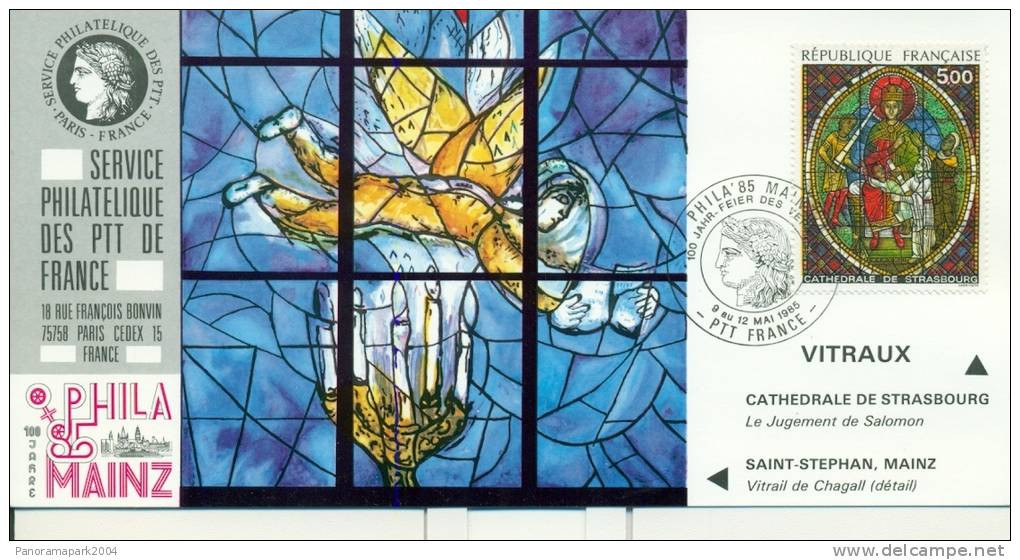 012 Carte Officielle Exposition Internationale Exhibition Mainz 1985 France Marc Chagall Art Cathédrale De Strasbourg - Churches & Cathedrals