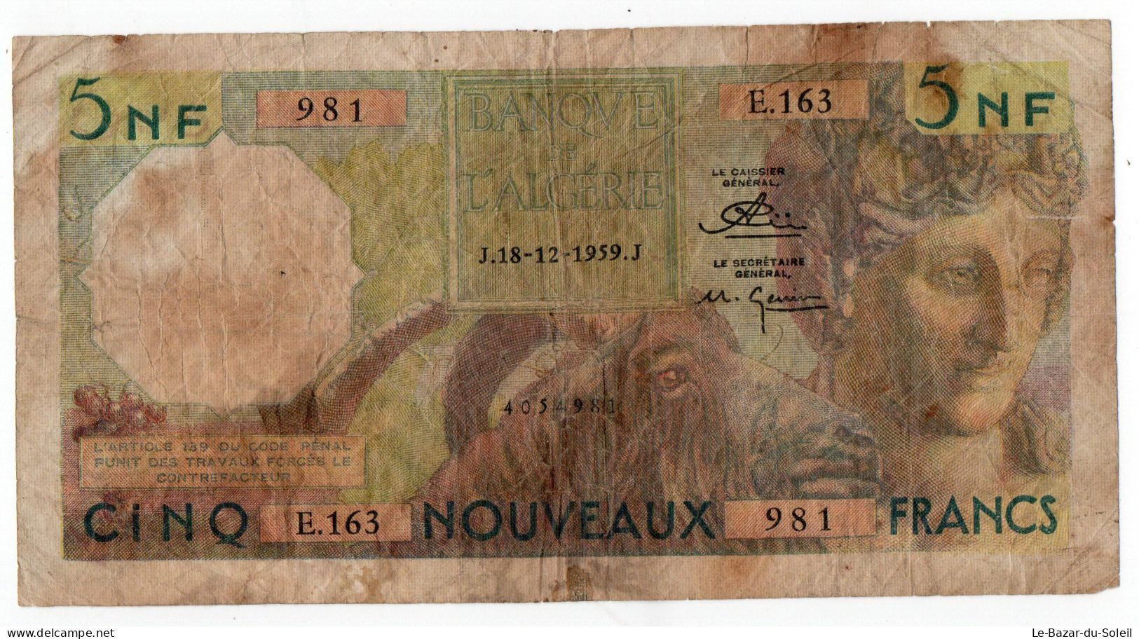 Billet, Algérie, 5 Nouveaux Francs 1959  5 NF Algerie 18/12/1959 - Algérie
