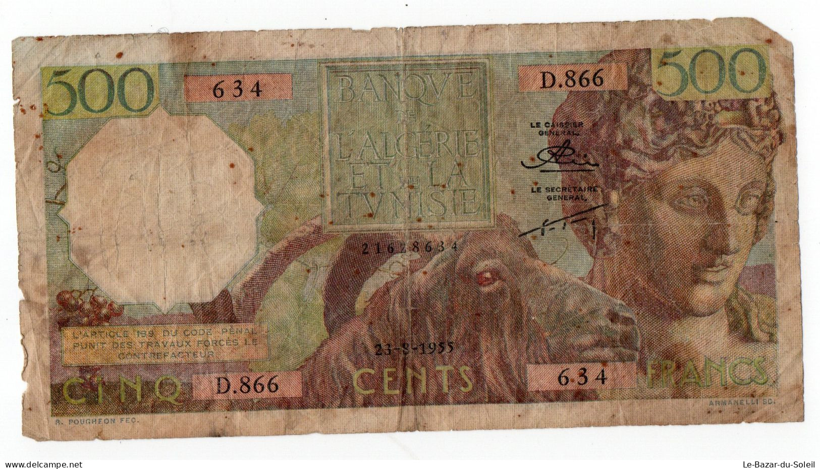 Billet, Algérie, 500 Francs 1955  5 NF Algerie 23/08/1955   634 D866 - Algérie